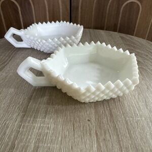 Westmoreland Glass ~ HANDLED BON BON DISH ~ "English Hobnail" ~ WHITE MILK GLASS